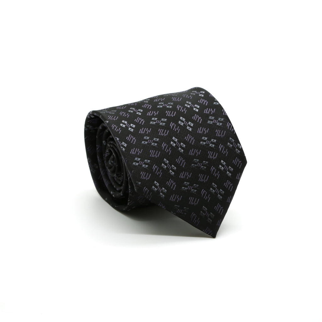 Ferrecci Mens Black/Grey/Lavender Geo Pattern Necktie with Handkerchief Set
