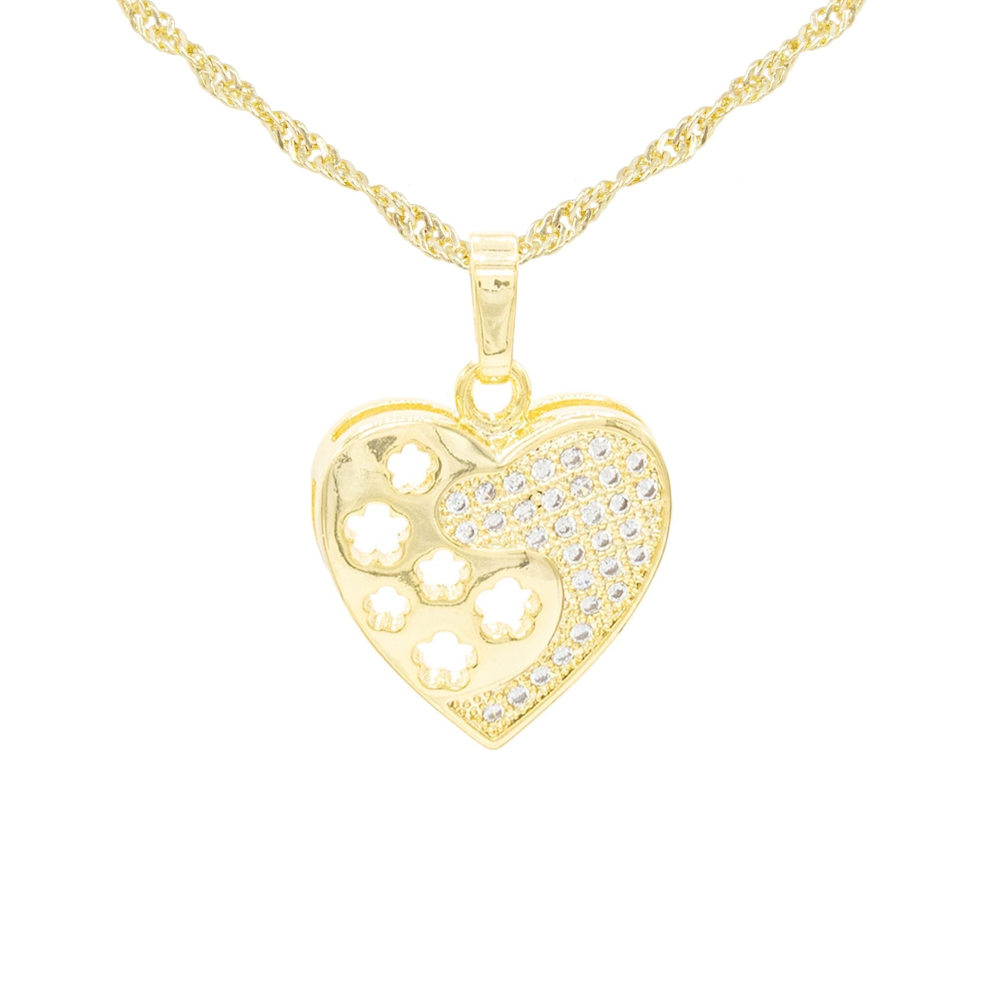Cubic Zirconia 14K Gold Filled Heart With Flowers Pendant Necklace Set