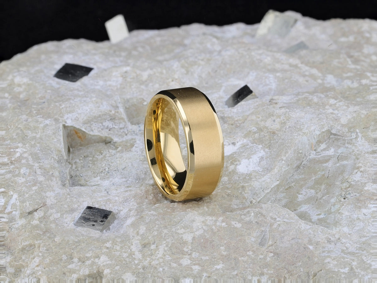 RADIATE Gold-Plated Titanium Flat Brushed Center Men's Wedding Ring With Beveled Polished Edges - 8mm