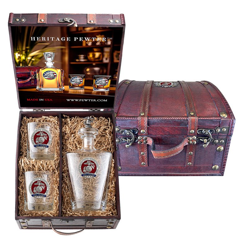 250th Anniversary Marine Corps Royal Decanter with 3D Top and 2 Glasses w/ Chest Box