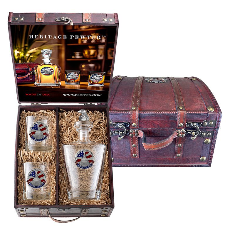 America's 250th Anniversary Capitol Dome Royal Decanter with 3D Top and 2 Glasses w/ Chest Box