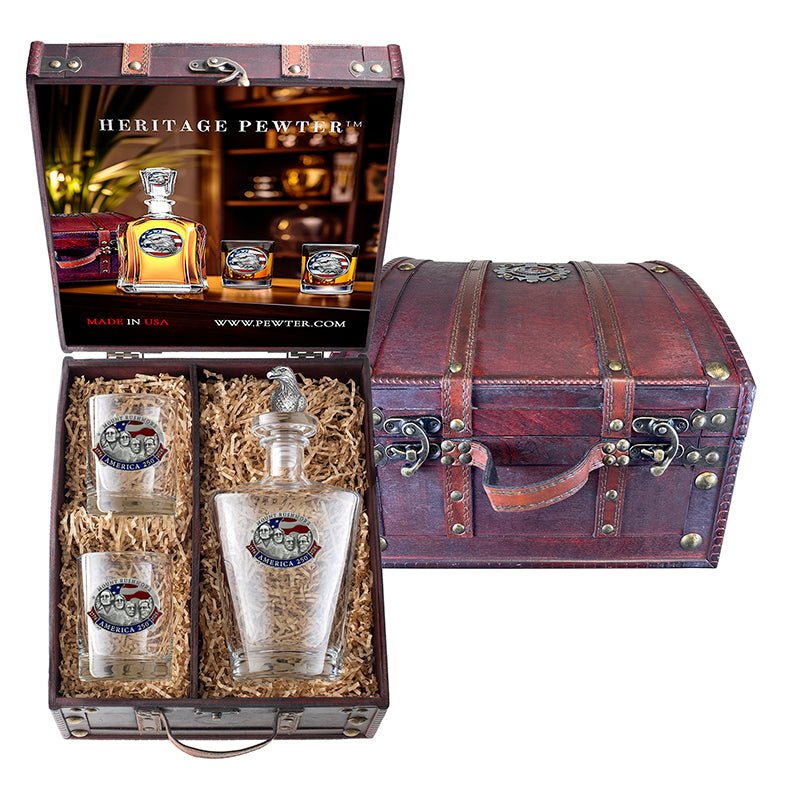 America's 250th Anniversary Mount Rushmore Royal Decanter w/ Eagle Head 3D Top-Diamond Accents and 2 Glasses w/ Chest Box