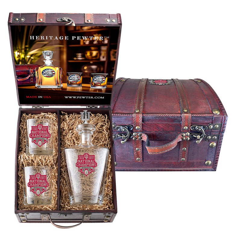 Indiana Hoosiers Football National Championship 2025 Royal Decanter with 3D Top and 2 Glasses w/ Chest Box