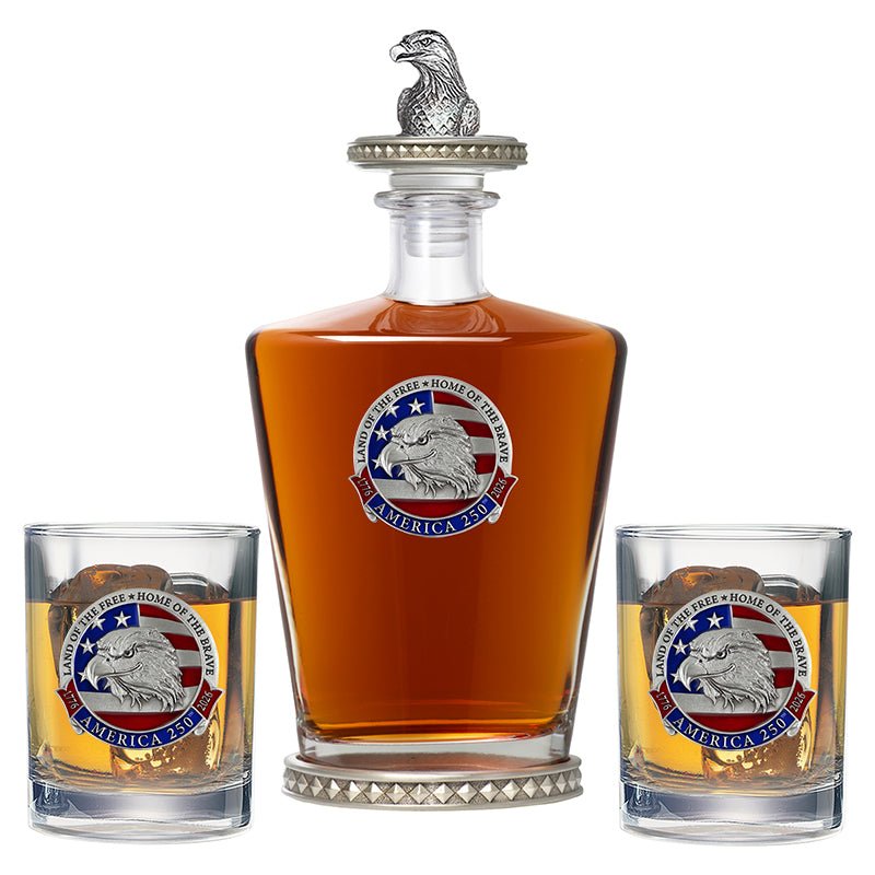 America's 250th Anniversary Eagle Head with Flag Royal Decanter w/ Eagle Head 3D Top-Diamond Accents & 2 Glasses