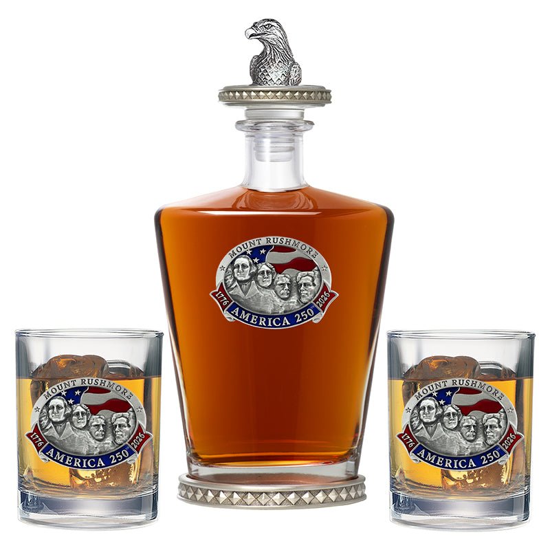 America's 250th Anniversary Mount Rushmore Royal Decanter w/ Eagle Head 3D Top-Diamond Accents & 2 Glasses