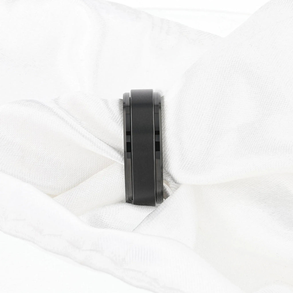REVOLVE Black Tungsten Spinner Ring, Brushed Center on Polished Base – Comfort Fit (6mm & 8mm)