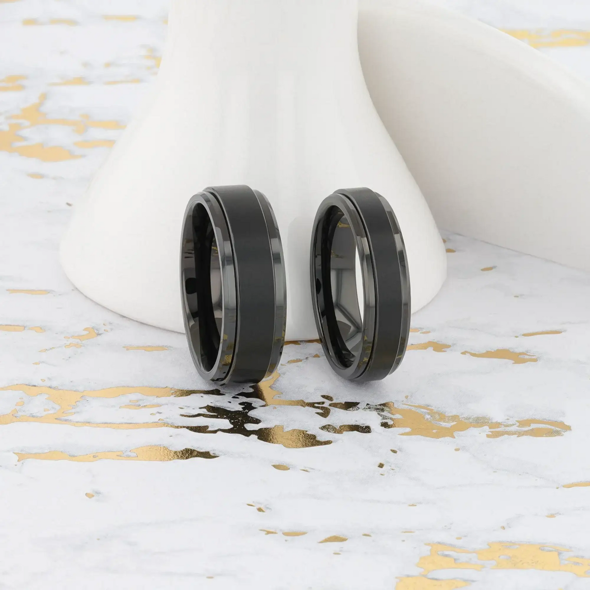 REVOLVE Black Tungsten Spinner Ring, Brushed Center on Polished Base – Comfort Fit (6mm & 8mm)