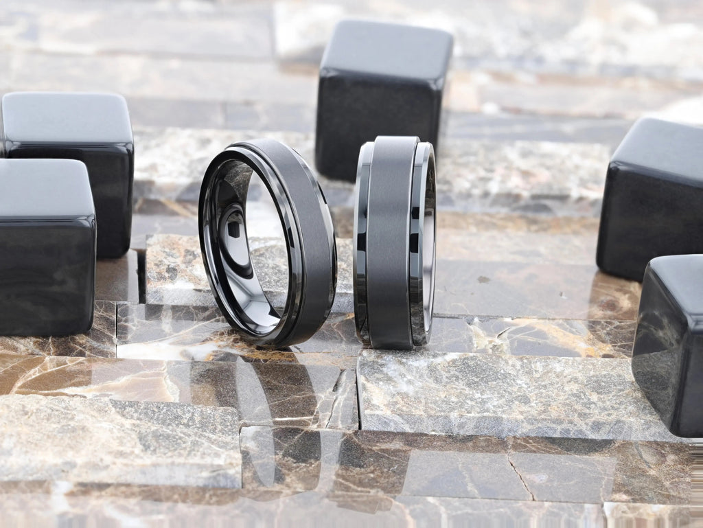 REVOLVE Black Tungsten Spinner Ring, Brushed Center on Polished Base – Comfort Fit (6mm & 8mm)