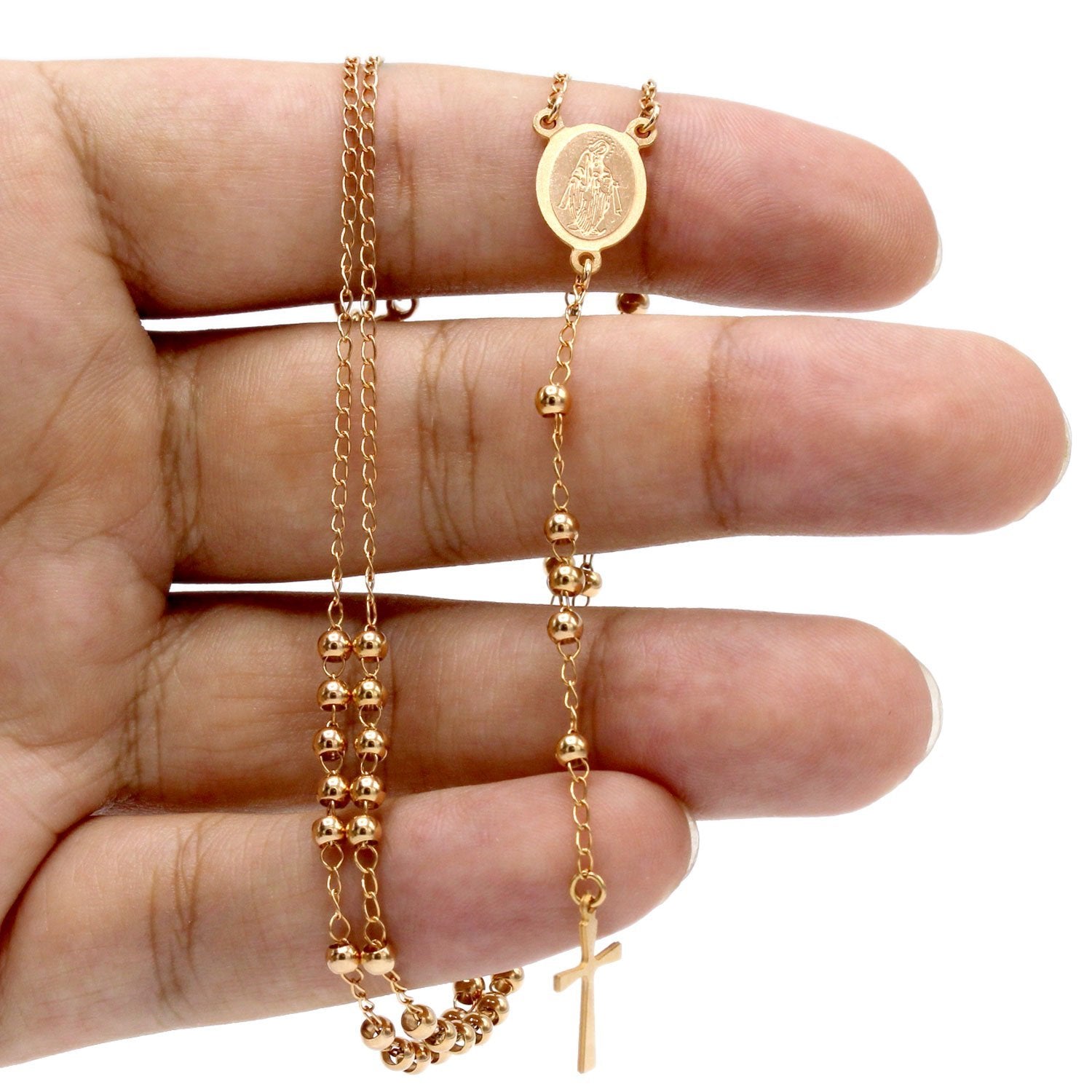 Traditional Rose Gold Rosary Necklace Five Decade Catholic Prayer Beads 3mm