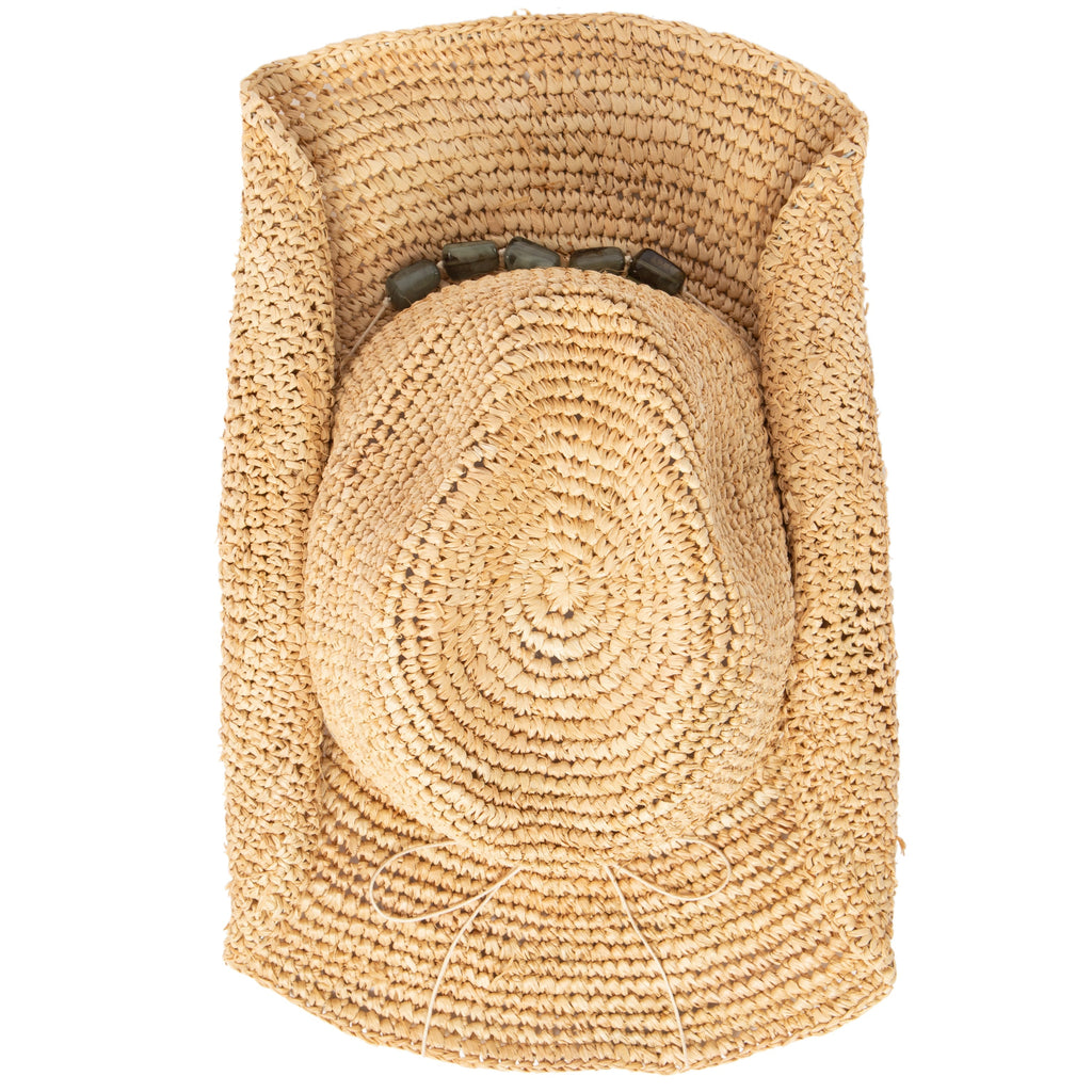 Women's Crocheted Raffia Cowboy Hat with Stone Trim