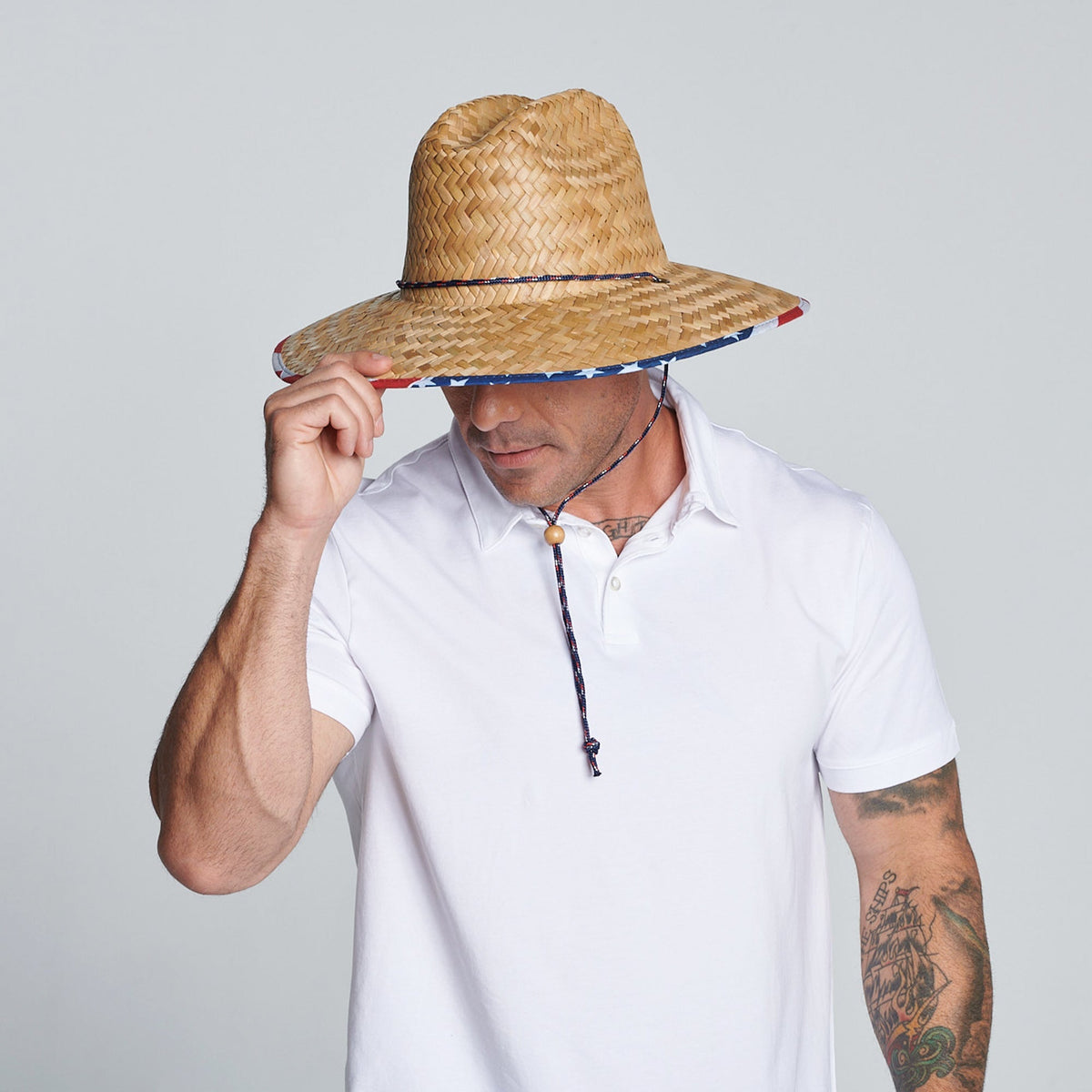 Americana - Men's rush straw lifeguard with under brim print and adjustable chin cord