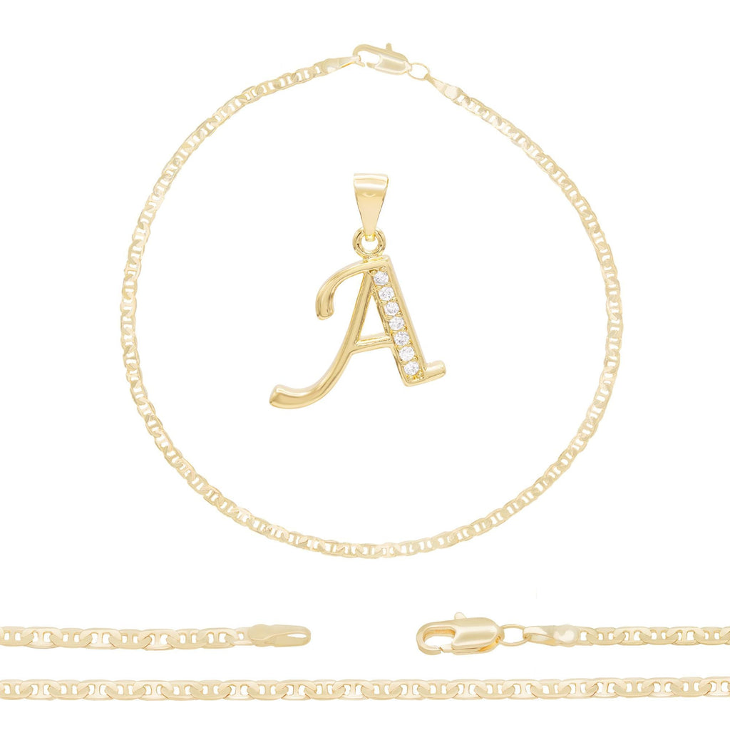 A-Z Initial Letter Pendant 14K Gold Filled Cubic Zirconia Mariner Chain Anklet 10" Set 3 mm  Women Jewelry