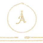 A-Z Initial Letter Pendant 14K Gold Filled Cubic Zirconia Mariner Chain Anklet 10" Set 3 mm  Women Jewelry