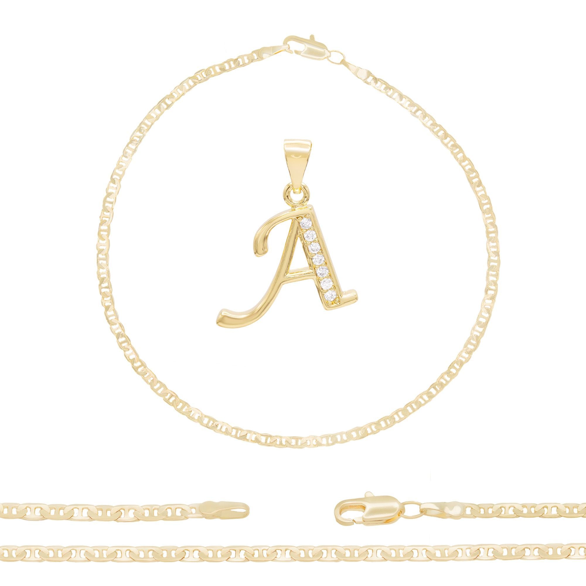 A-Z Initial Letter Pendant 14K Gold Filled Cubic Zirconia Mariner Chain Anklet 10" Set 3 mm  Women Jewelry