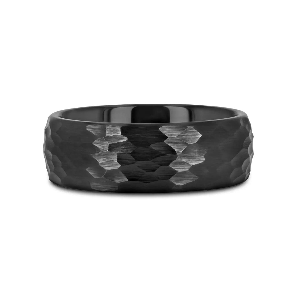 RAGNAROK Domed Hammer Finish Black Ceramic Wedding Band with Brushed Finish - 6mm & 8mm