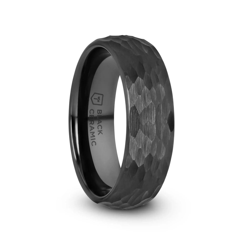RAGNAROK Domed Hammer Finish Black Ceramic Wedding Band with Brushed Finish - 6mm & 8mm