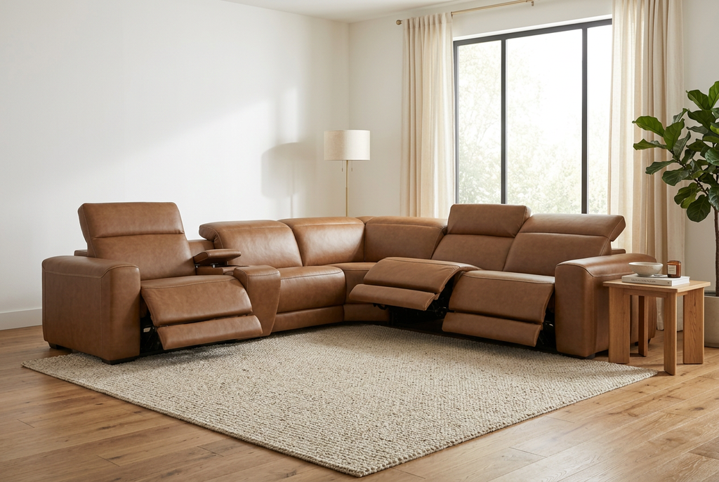 Rally Pro Caramel 6-Piece Power Reclining Sectional with Console and Immersive Sound System