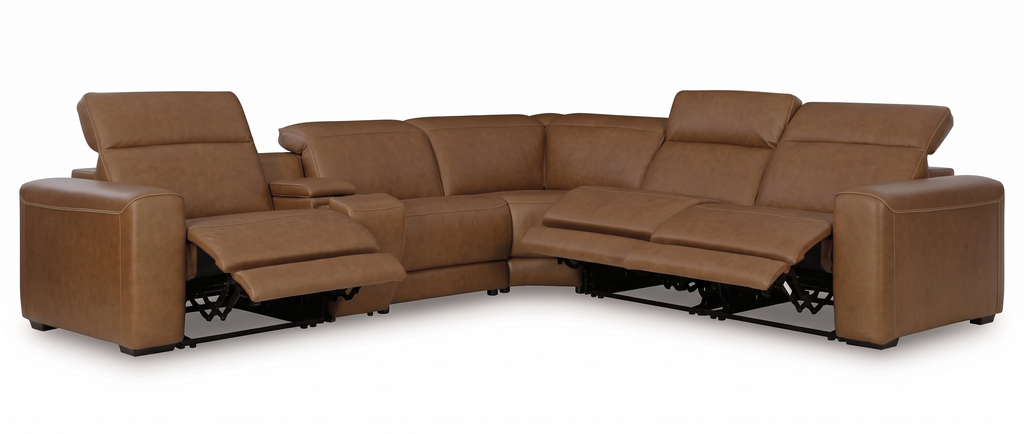 Rally Pro Caramel 6-Piece Power Reclining Sectional with Console and Immersive Sound System