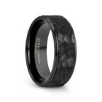 REBEL Raised Hammer Finish Step Edge Black Tungsten Carbide Wedding Band – 6mm or 8mm