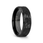 REBEL Raised Hammer Finish Step Edge Black Tungsten Carbide Wedding Band – 6mm or 8mm
