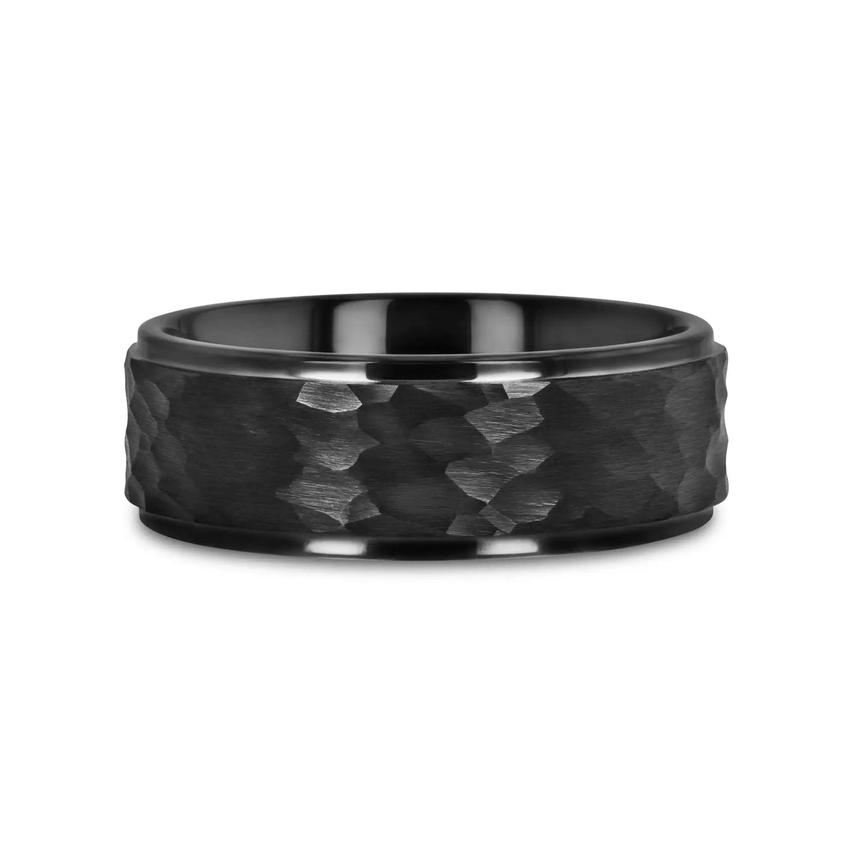 REBEL Raised Hammer Finish Step Edge Black Tungsten Carbide Wedding Band – 6mm or 8mm