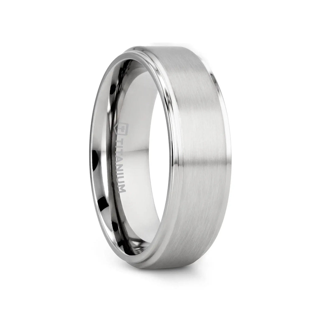 RHINOX Brushed Raised Center Men’s Titanium Wedding Ring with Polished Step Edges - 6mm & 8mm