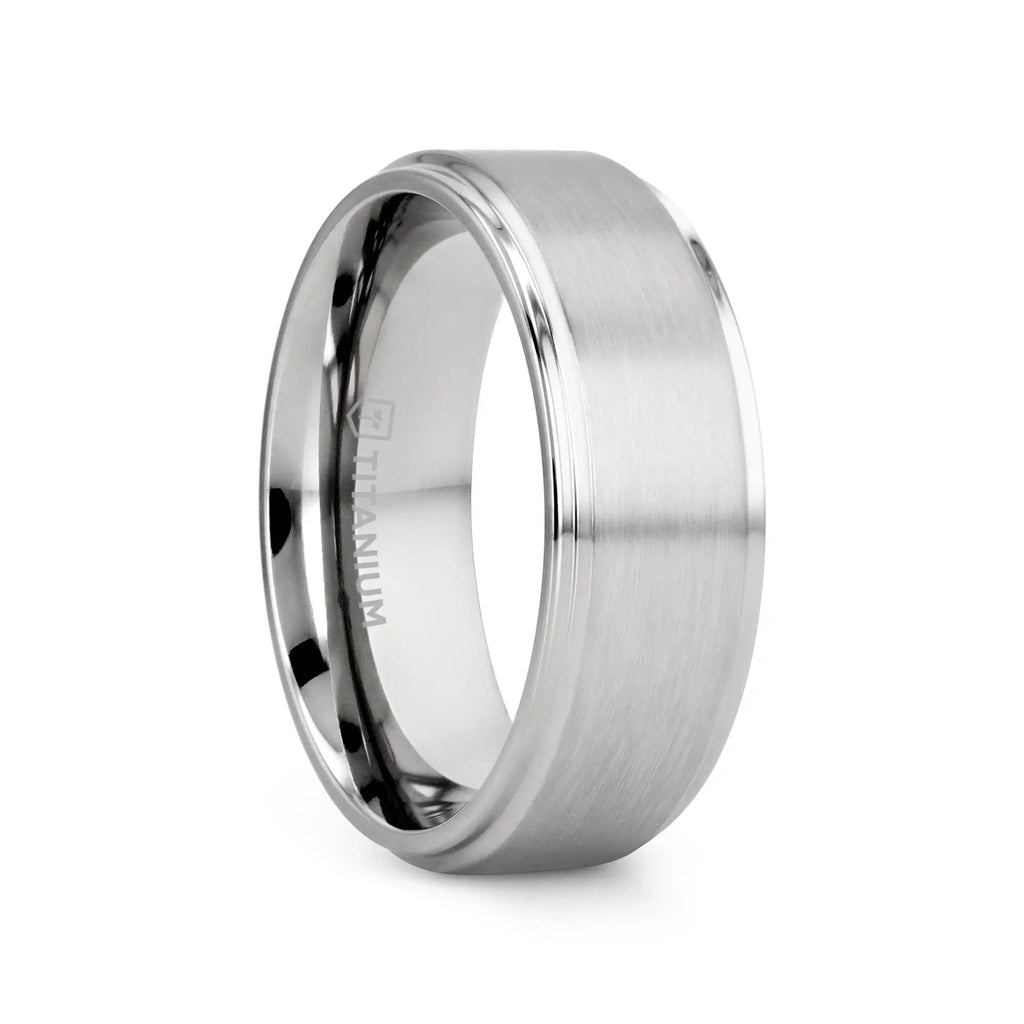 RHINOX Brushed Raised Center Men’s Titanium Wedding Ring with Polished Step Edges - 6mm & 8mm