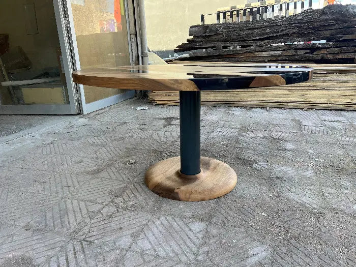 Custom Round Epoxy Resin Walnut Dining - Kitchen Table With Wood Base