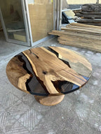 Custom Round Epoxy Resin Walnut Dining - Kitchen Table With Wood Base