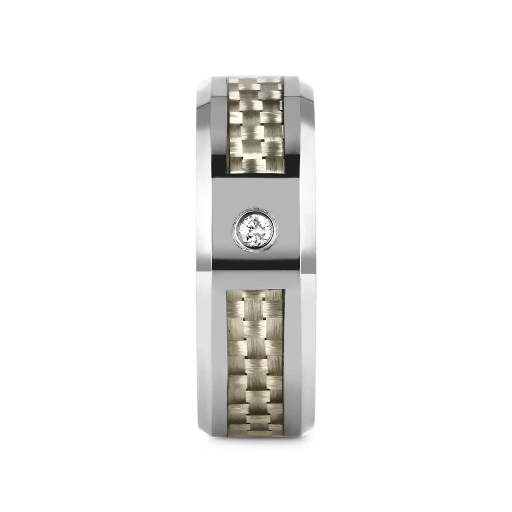 ROYCE Tungsten Wedding Band with White Carbon Fiber and White Diamond Setting - 8mm