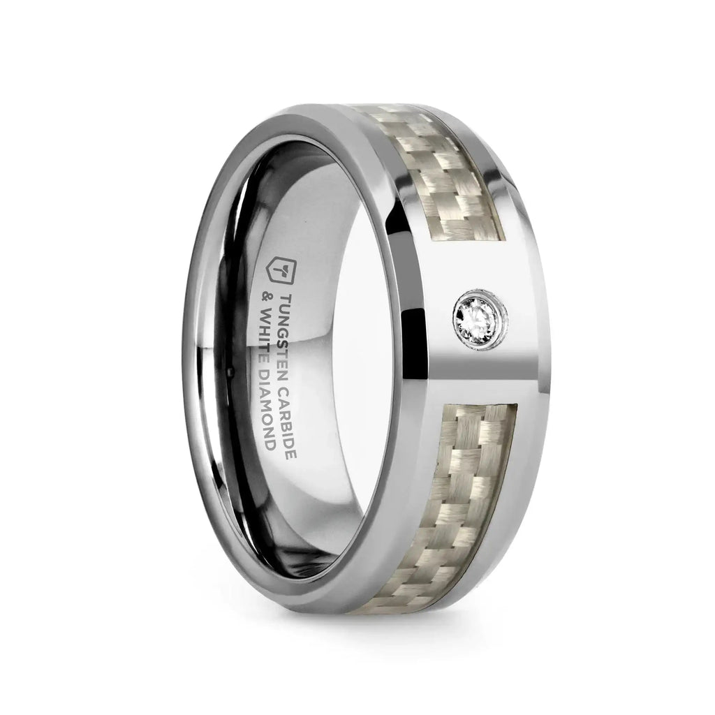 ROYCE Tungsten Wedding Band with White Carbon Fiber and White Diamond Setting - 8mm