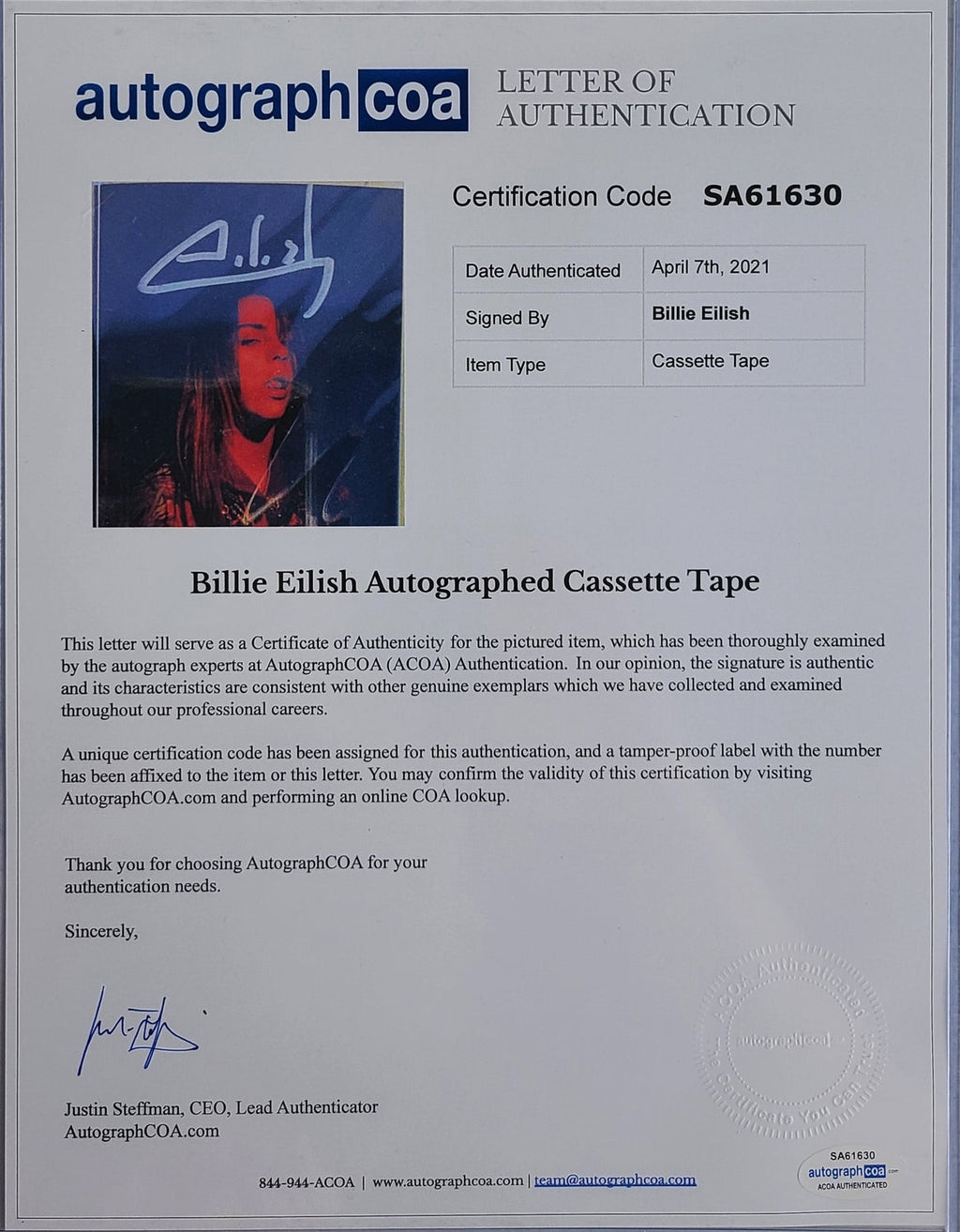 Billie Eilish Signed Direct From Her Cassette Tape Sealed ACOA
