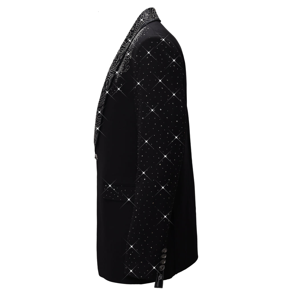 Luxurious Black Blazer with Elegant Rhinestone Emb BLACK