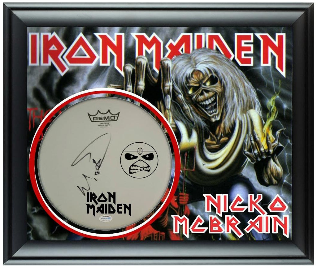 Iron Maiden Nicko McBrain Autographed Custom Framed Drum Head Drumhead Display ACOA