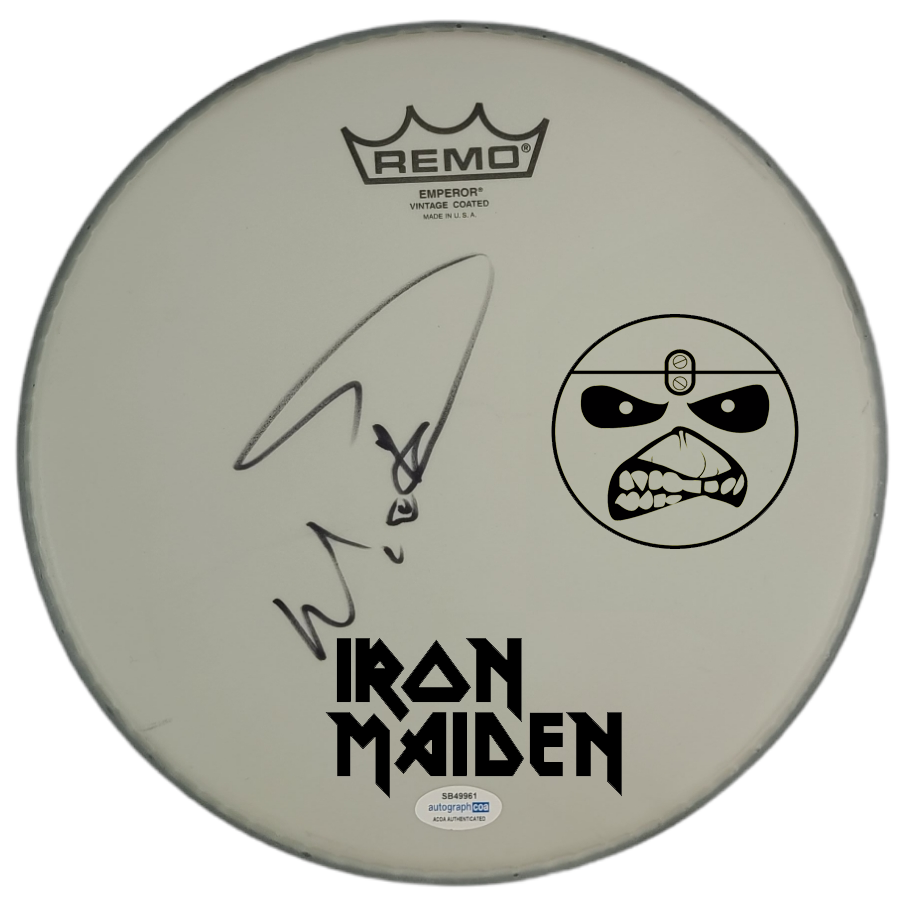Iron Maiden Nicko McBrain Autographed Custom Framed Drum Head Drumhead Display ACOA