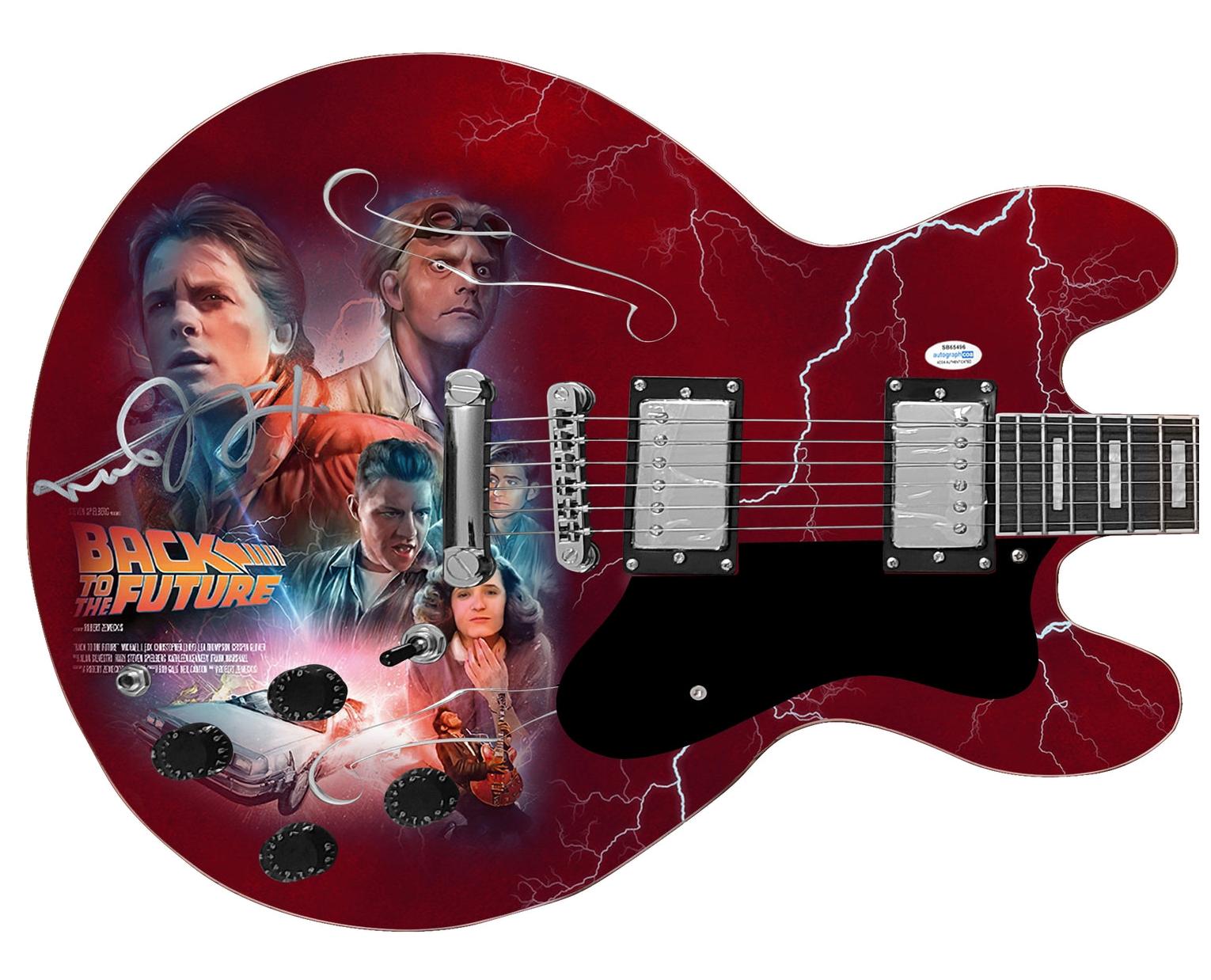 Michael J. Fox Signed Back To The Future Photo Graphics Guitar ACOA