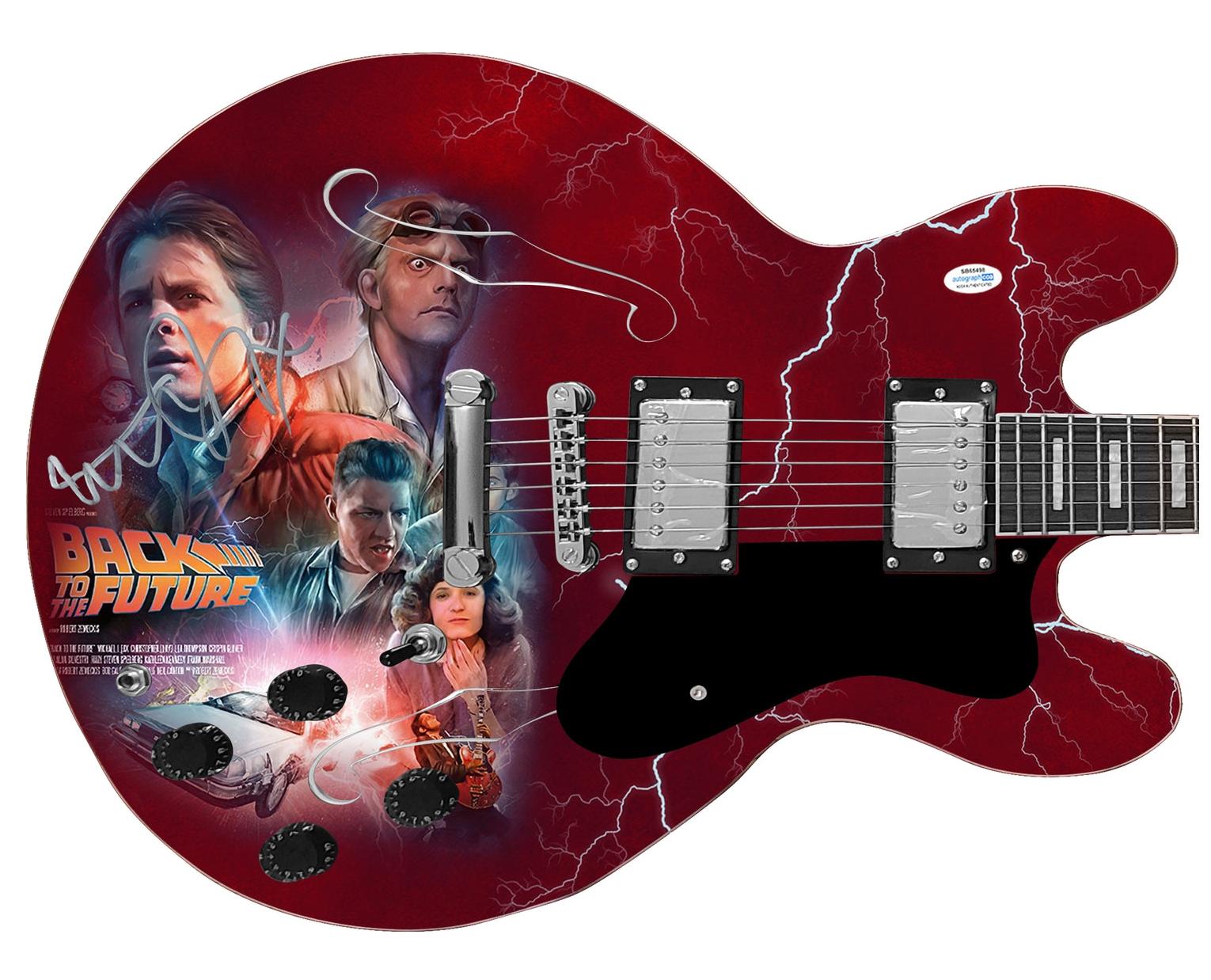 Michael J. Fox Signed Back To The Future Photo Graphics Guitar ACOA