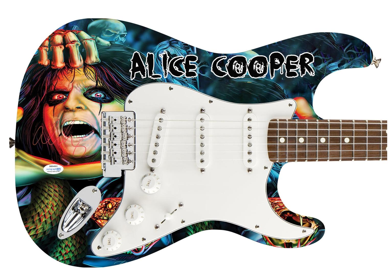 Alice Cooper Signed Skull Snakes Photo Graphics Strat Guitar ACOA