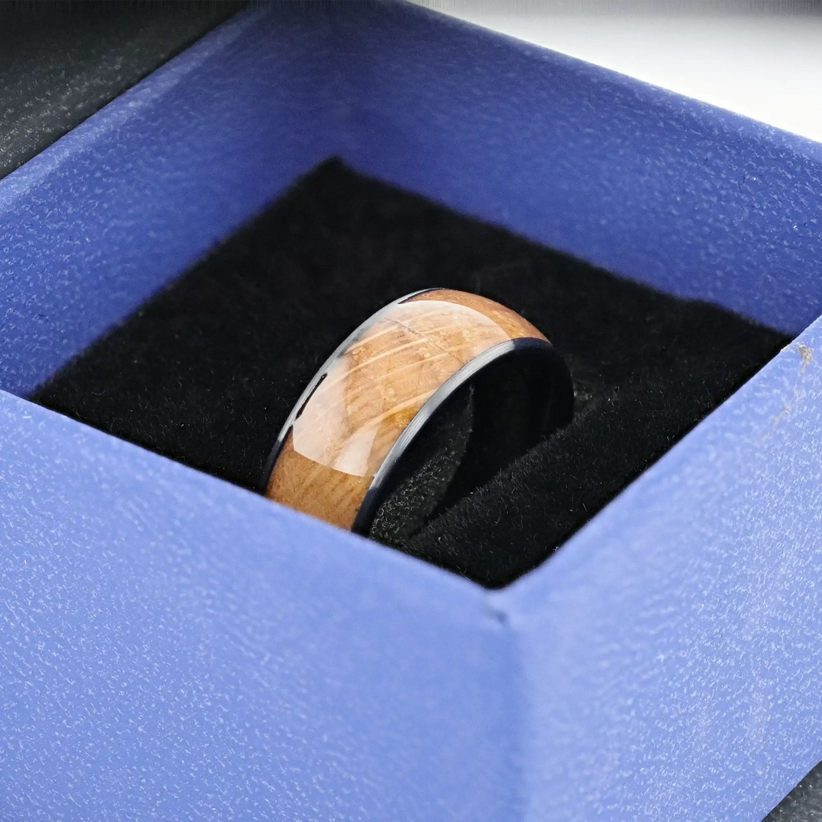 SCOTCH Black Ceramic Ring with Whiskey Barrel Wood Inlay- 8mm