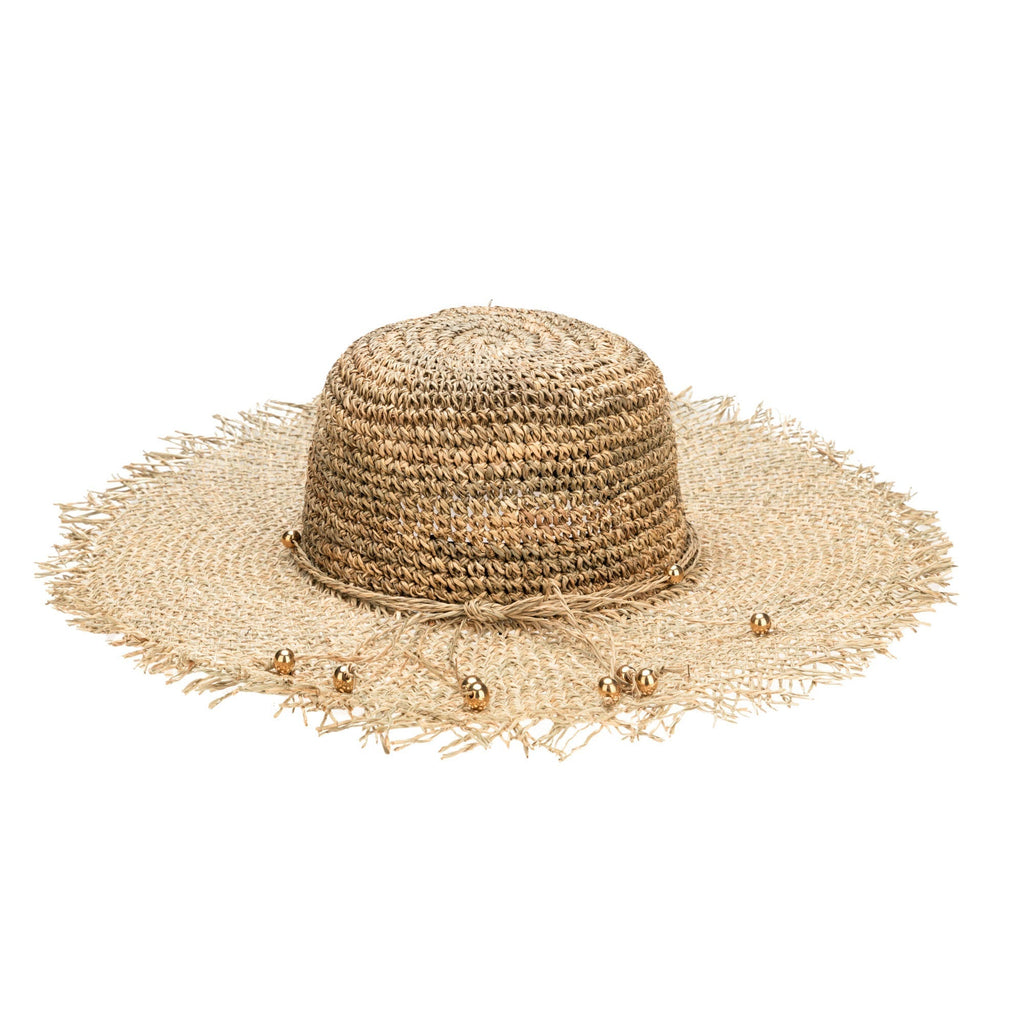 Runaway - Crochet Seagrass Crown with Open Weave Brim and Gold Beaded Trim
