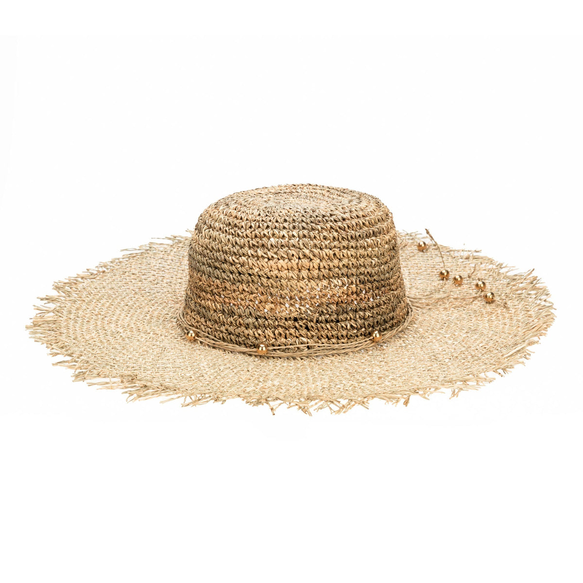 Runaway - Crochet Seagrass Crown with Open Weave Brim and Gold Beaded Trim