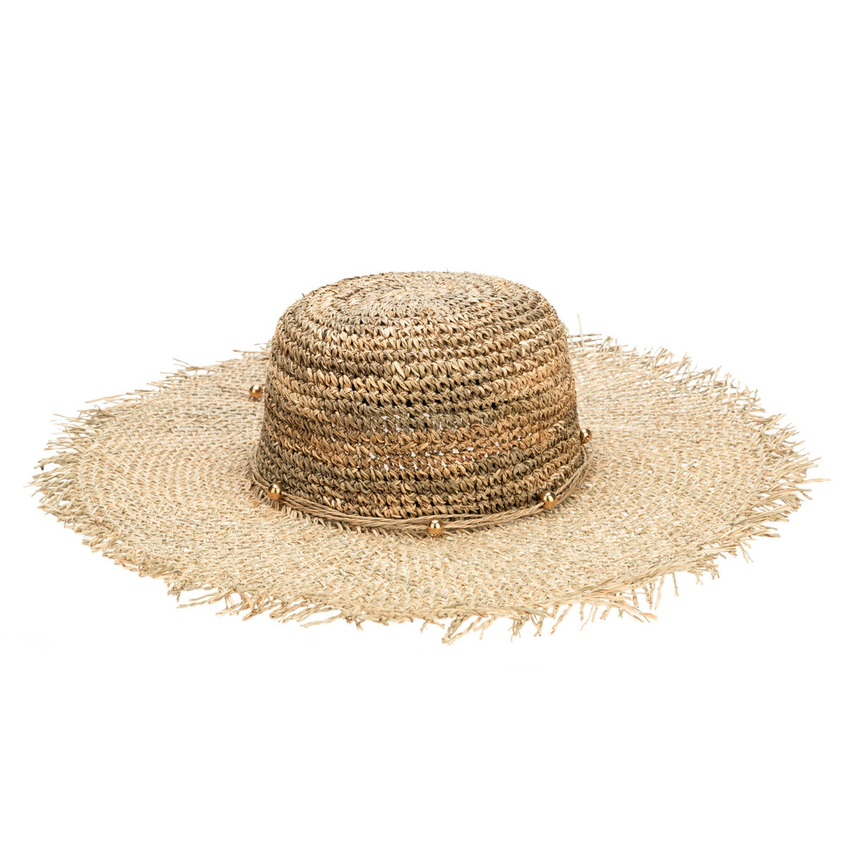 Runaway - Crochet Seagrass Crown with Open Weave Brim and Gold Beaded Trim