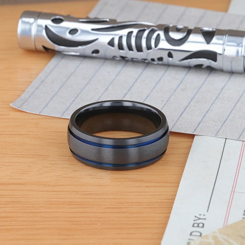 SHERIFF Domed Black Titanium Brushed Finish Men’s Wedding Ring with Blue Grooves – 8mm