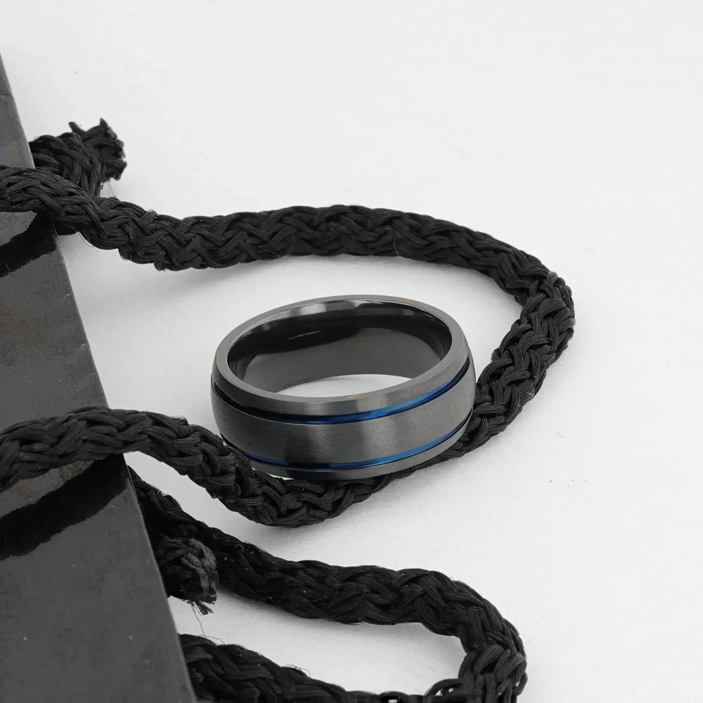 SHERIFF Domed Black Titanium Brushed Finish Men’s Wedding Ring with Blue Grooves – 8mm