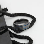 SHERIFF Domed Black Titanium Brushed Finish Men’s Wedding Ring with Blue Grooves – 8mm