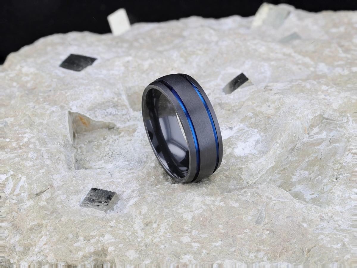 SHERIFF Domed Black Titanium Brushed Finish Men’s Wedding Ring with Blue Grooves – 8mm