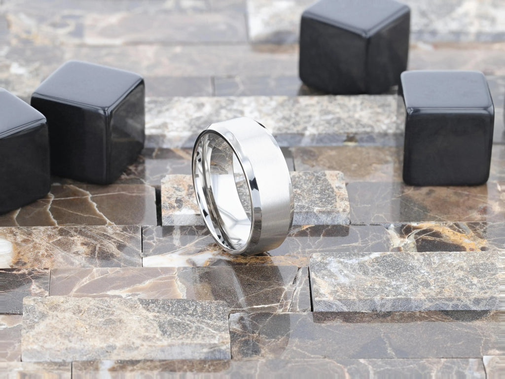 SHIRE Titanium Men’s Flat Wedding Ring, Brushed Center with Polished Beveled Edges — 6mm & 8mm