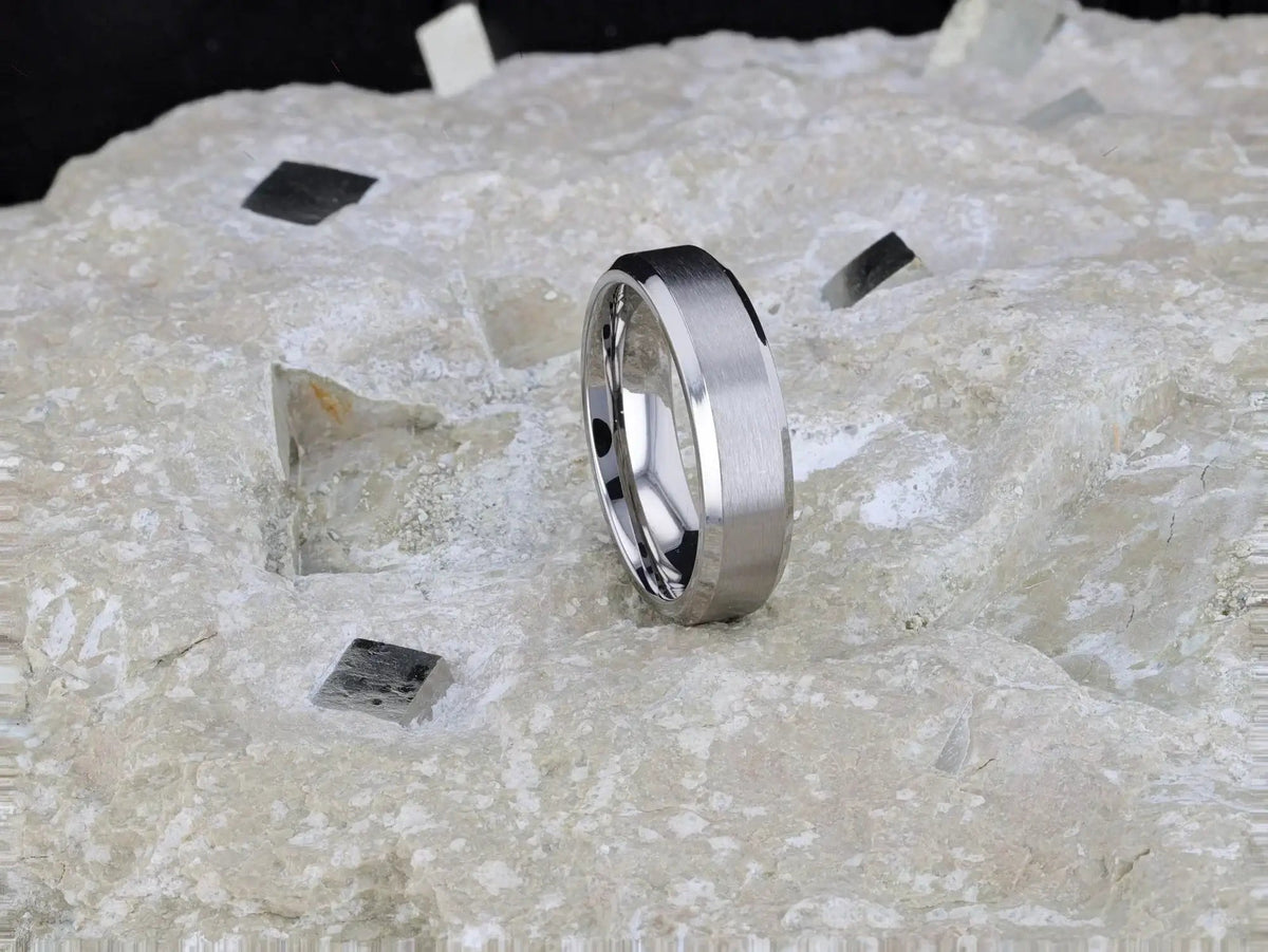 SHIRE Titanium Men’s Flat Wedding Ring, Brushed Center with Polished Beveled Edges — 6mm & 8mm
