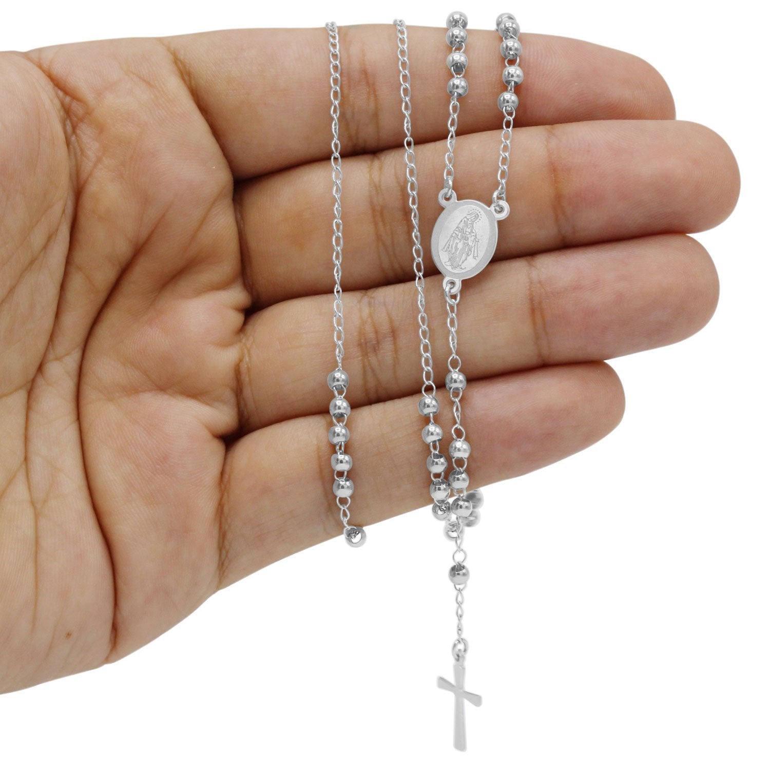 Traditional Silver Rosary Necklace Five Decade Catholic Prayer Beads  3mm