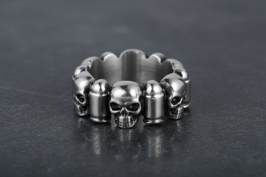 SK1741  Gents Skull & Bullet Ring Stainless Steel Motorcycle Jewelry  Size 9-16